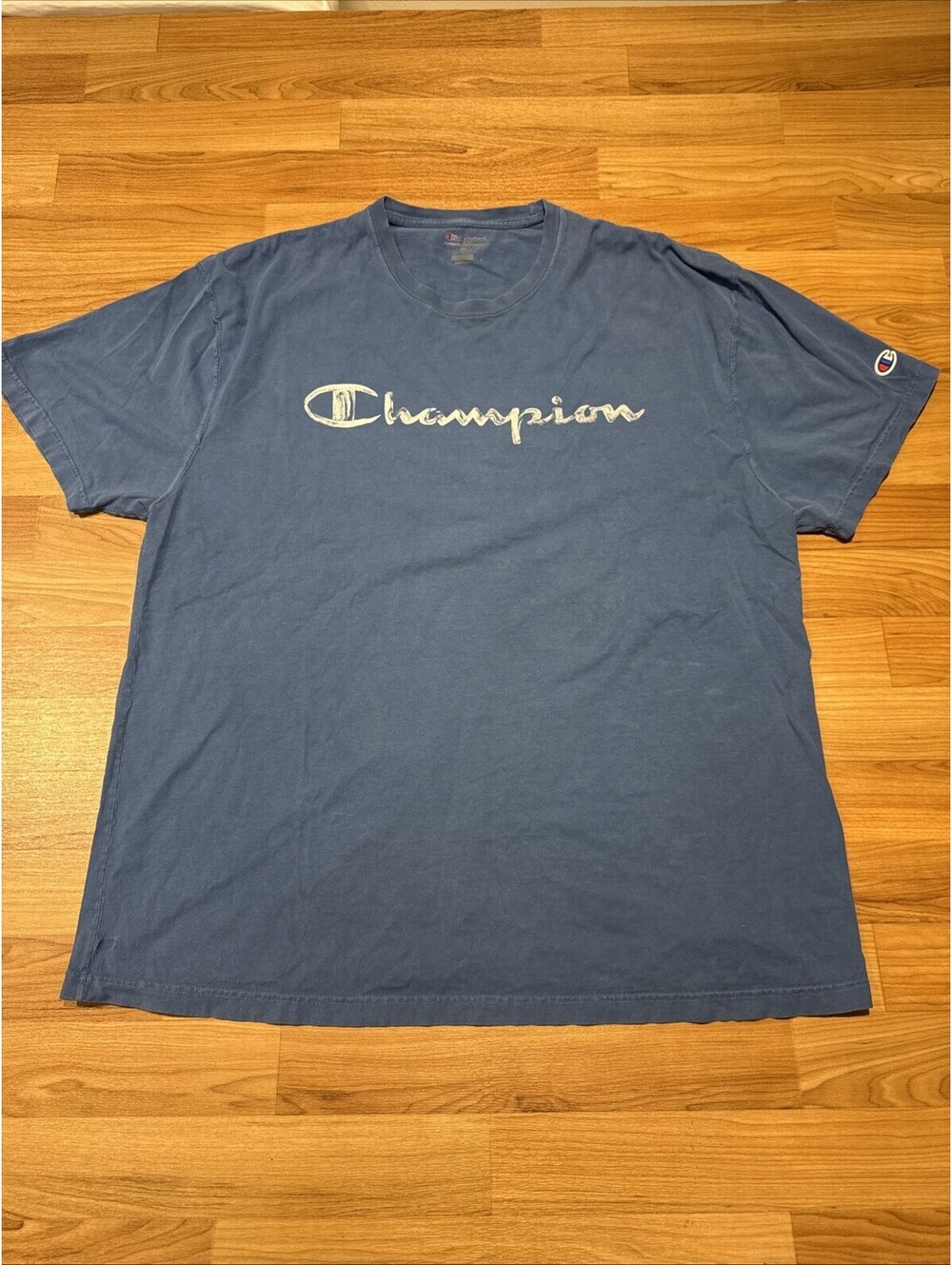 Champion Graphic Logo T-Shirt Blue Distressed Sportswear Large Mens Casual 2XL
